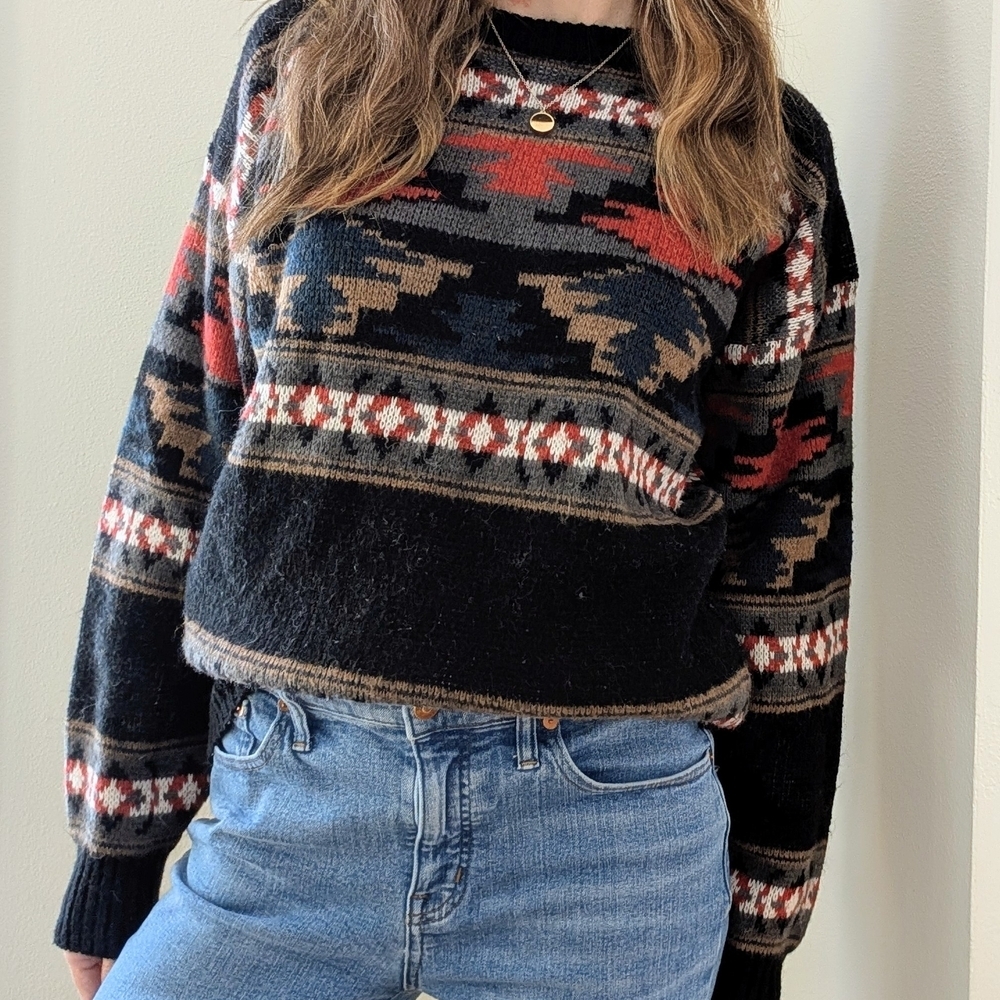 Vintage Southwestern Abstract Geometric Patterned Crewneck Sweater In Black/Red - Picture 3 of 7